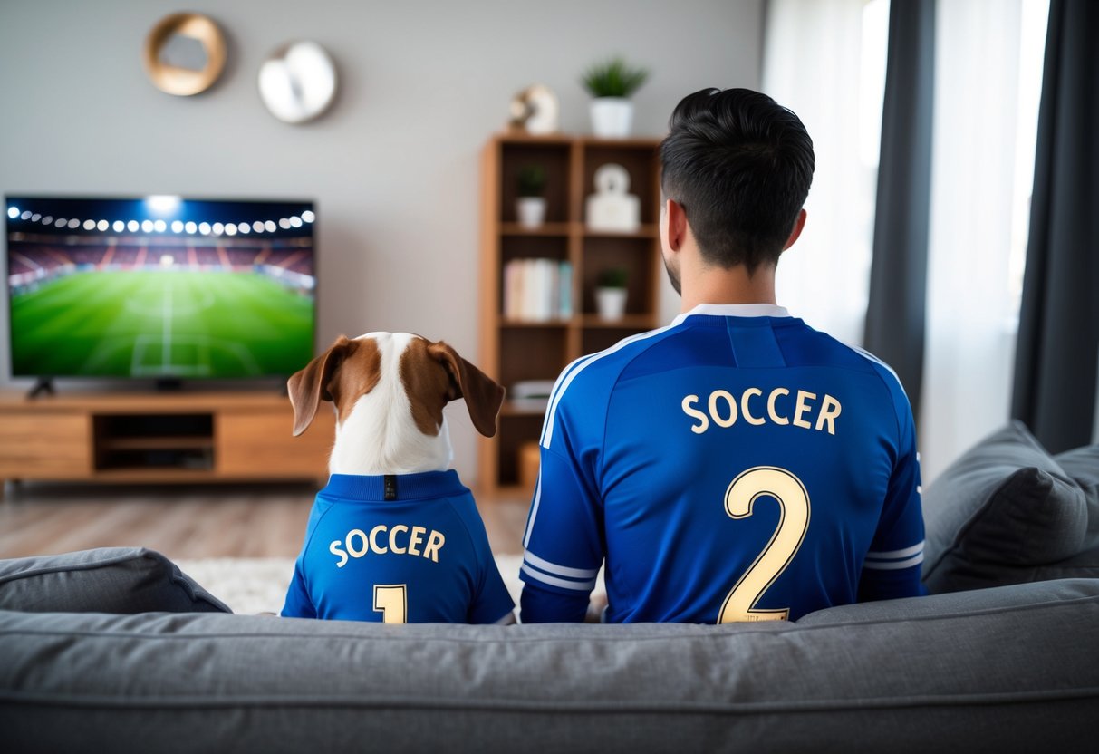 En person og deres hund i matchende fodboldtrøjer sidder på en sofa og ser en fodboldkamp på tv